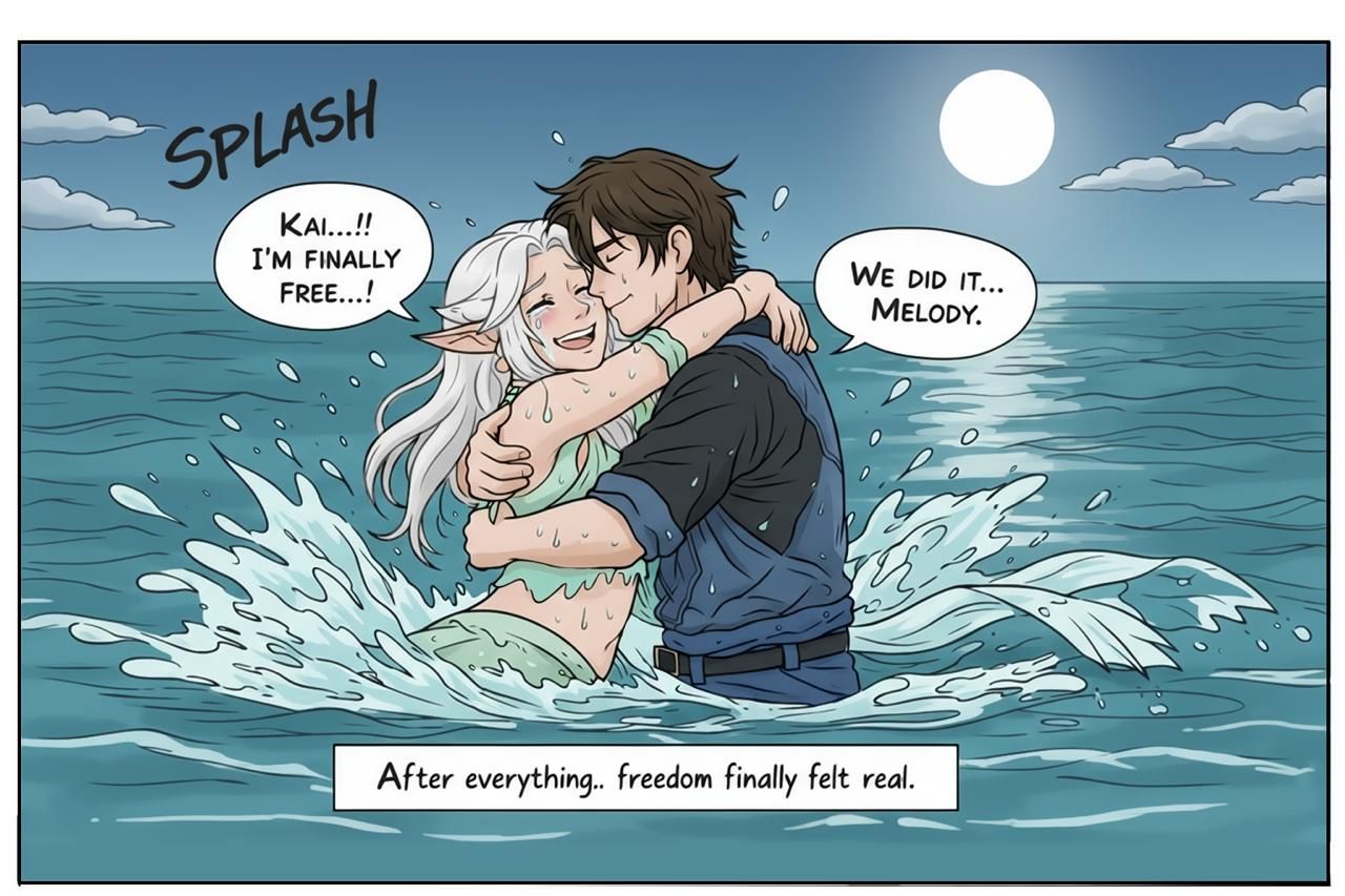Illustrated panel of two characters meeting in the water at sunset